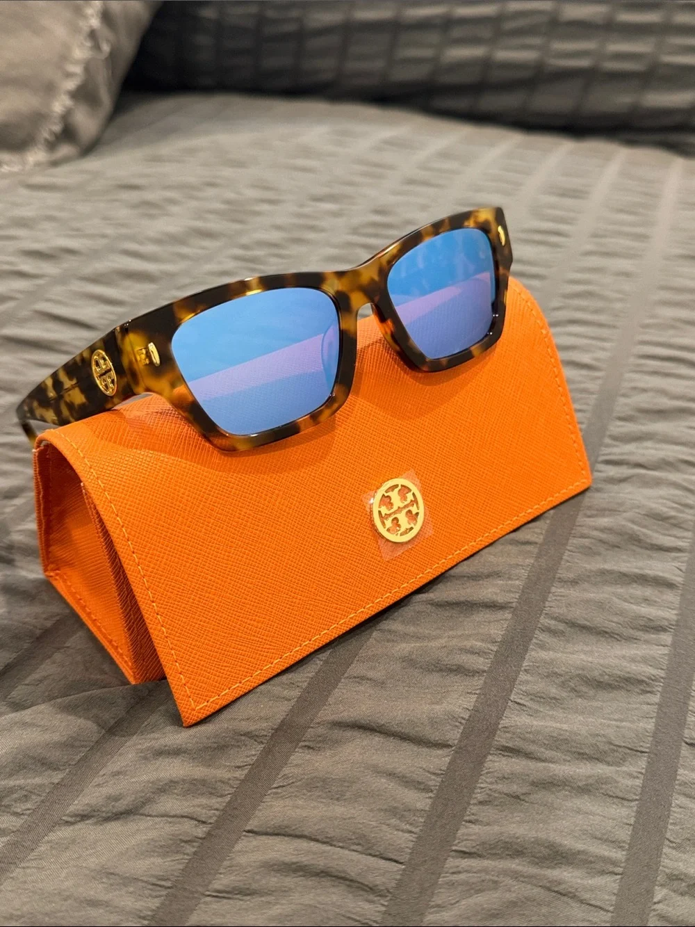 Tory Burch Tortoiseshell Sunglasses with Blue-Purple Lenses